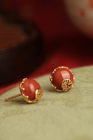 Chinese Style Red Agate Stud Earrings for Women - Pure Silver Fortune Character, Retro National Wind Design, Birth Year Jewelry