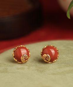 Chinese Style Red Agate Stud Earrings for Women - Pure Silver Fortune Character, Retro National Wind Design, Birth Year Jewelry