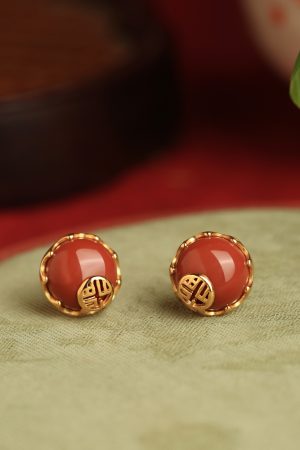 Chinese Style Red Agate Stud Earrings for Women - Pure Silver Fortune Character, Retro National Wind Design, Birth Year Jewelry