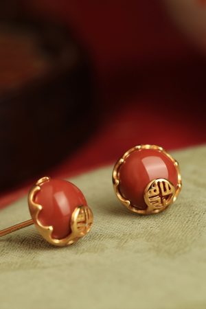 Chinese Style Red Agate Stud Earrings for Women - Pure Silver Fortune Character, Retro National Wind Design, Birth Year Jewelry