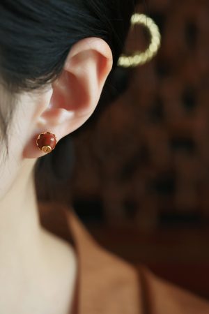Chinese Style Red Agate Stud Earrings for Women - Pure Silver Fortune Character, Retro National Wind Design, Birth Year Jewelry