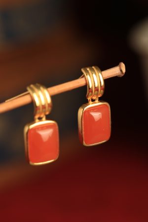 Chinese Style Red Jade & Agate Square Earrings for Women - Ice-Type Natural Silver Zodiac Jewelry