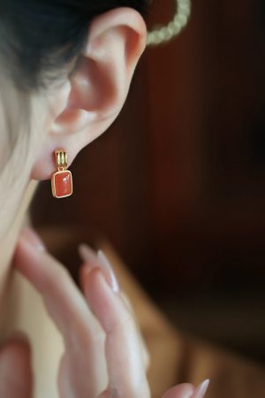 Chinese Style Red Jade & Agate Square Earrings for Women - Ice-Type Natural Silver Zodiac Jewelry