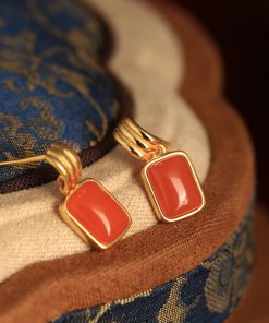 Chinese Style Red Jade & Agate Square Earrings for Women - Ice-Type Natural Silver Zodiac Jewelry