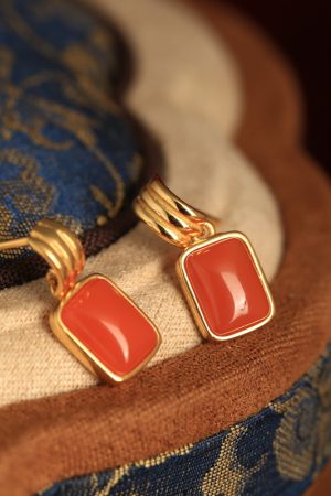 Chinese Style Red Jade & Agate Square Earrings for Women - Ice-Type Natural Silver Zodiac Jewelry