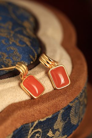 Chinese Style Red Jade & Agate Square Earrings for Women - Ice-Type Natural Silver Zodiac Jewelry