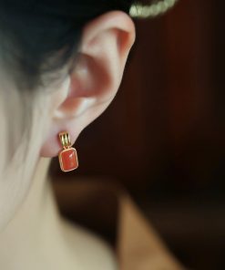 Chinese Style Red Jade & Agate Square Earrings for Women - Ice-Type Natural Silver Zodiac Jewelry