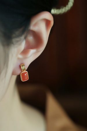 Chinese Style Red Jade & Agate Square Earrings for Women - Ice-Type Natural Silver Zodiac Jewelry