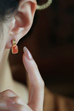Chinese Style Red Jade & Agate Square Earrings for Women - Ice-Type Natural Silver Zodiac Jewelry