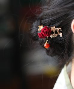 Chinese-Style Red Rose Hairpin for Women - Vintage-Inspired Decorative Hair Clip for Updos, Elegant Ancient Style Accessory