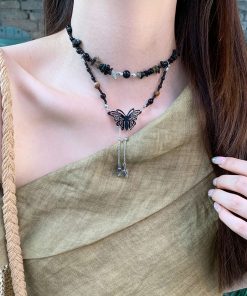 Chinese-Style Retro Butterfly Pendant Necklace for Women, Bohemian Layered Clavicle Chain, Ethnic Neck Accessory