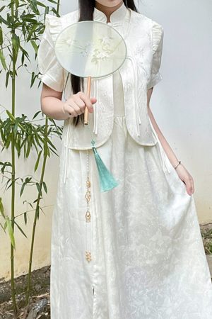 Chinese Style Retro Pudding Bear Women's Two-Piece Set - Vintage-Inspired Vest Dress with Cute Bear Design