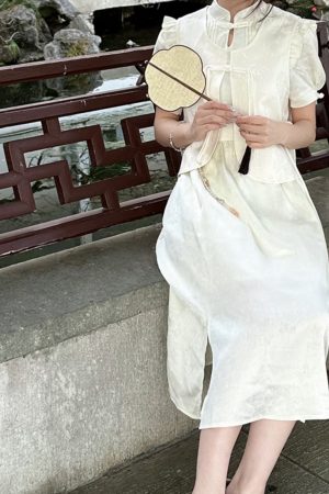 Chinese Style Retro Pudding Bear Women's Two-Piece Set - Vintage-Inspired Vest Dress with Cute Bear Design