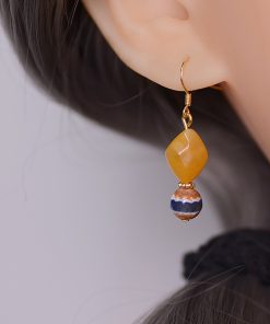 Chinese-Style Retro Striped Agate and Green Jade Women's Earrings - Natural Crystal, Hypoallergenic, Unique Design
