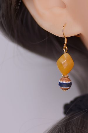 Chinese-Style Retro Striped Agate and Green Jade Women's Earrings - Natural Crystal, Hypoallergenic, Unique Design