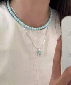 Chinese-Style Retro Tianhe Stone Bead Necklace with Snake Bone Chain Pendant - Trendy 2025 Fashion Accessory