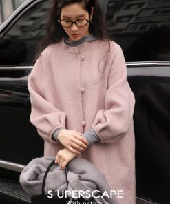 Chinese Style Reversible Woolen Coat with Lantern Sleeves, Mulberry Silk & Rabbit Hair, Small Stand Collar, Elegant Fashion Outerwear