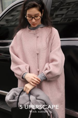 Chinese Style Reversible Woolen Coat with Lantern Sleeves, Mulberry Silk & Rabbit Hair, Small Stand Collar, Elegant Fashion Outerwear