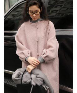Chinese Style Reversible Woolen Coat with Lantern Sleeves, Mulberry Silk & Rabbit Hair, Small Stand Collar, Elegant Fashion Outerwear