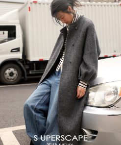 Chinese Style Reversible Woolen Coat with Lantern Sleeves, Mulberry Silk & Rabbit Hair, Small Stand Collar, Elegant Fashion Outerwear