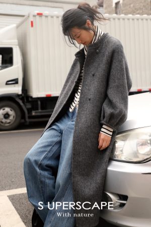 Chinese Style Reversible Woolen Coat with Lantern Sleeves, Mulberry Silk & Rabbit Hair, Small Stand Collar, Elegant Fashion Outerwear
