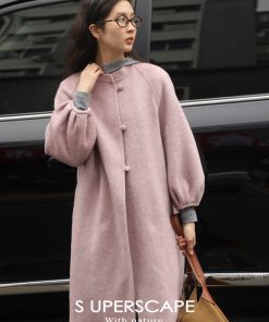 Chinese Style Reversible Woolen Coat with Lantern Sleeves, Mulberry Silk & Rabbit Hair, Small Stand Collar, Elegant Fashion Outerwear