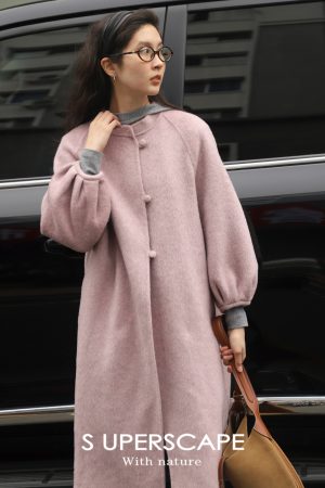 Chinese Style Reversible Woolen Coat with Lantern Sleeves, Mulberry Silk & Rabbit Hair, Small Stand Collar, Elegant Fashion Outerwear