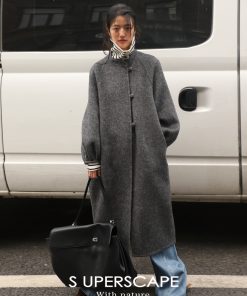 Chinese Style Reversible Woolen Coat with Lantern Sleeves, Mulberry Silk & Rabbit Hair, Small Stand Collar, Elegant Fashion Outerwear