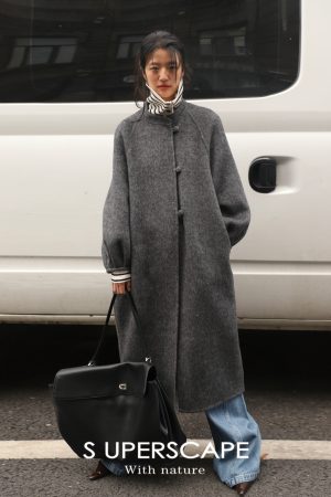 Chinese Style Reversible Woolen Coat with Lantern Sleeves, Mulberry Silk & Rabbit Hair, Small Stand Collar, Elegant Fashion Outerwear