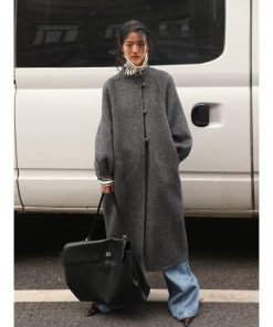 Chinese Style Reversible Woolen Coat with Lantern Sleeves, Mulberry Silk & Rabbit Hair, Small Stand Collar, Elegant Fashion Outerwear