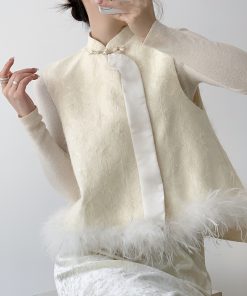 Chinese Style Sleeveless Down Vest Coat with Ostrich Feather Embroidery for Autumn and Winter, Elegant National Style Top