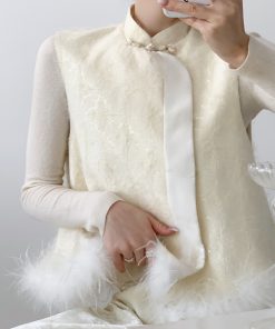 Chinese Style Sleeveless Down Vest Coat with Ostrich Feather Embroidery for Autumn and Winter, Elegant National Style Top