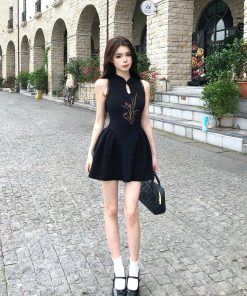 Chinese-Style Sleeveless Dress for Women - Waist-Cinching Elegant French Qipao Skirt for Summer Fashion
