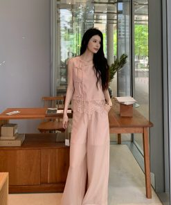 Chinese Style Spliced Lace Vest and Wide Leg Pants Two-Piece Set for Women - Slimming Summer Fashion, Trendy National Wind Look