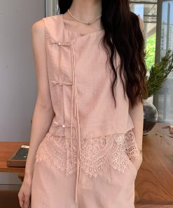 Chinese Style Spliced Lace Vest and Wide Leg Pants Two-Piece Set for Women - Slimming Summer Fashion, Trendy National Wind Look