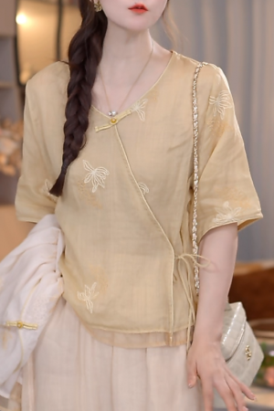 Chinese-Style Summer Button-Up Shirt with Diagonal Placket and Sun Protection â€“ Trendy National Wind Design