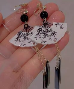 Chinese-Style Tassel Fan Earrings for Women, Bamboo Leaf Design, High-End National Trend Ear Clips, Unique Calligraphy Art Jewelry
