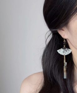 Chinese-Style Tassel Fan Earrings for Women, Bamboo Leaf Design, High-End National Trend Ear Clips, Unique Calligraphy Art Jewelry