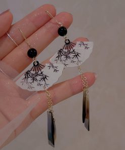 Chinese-Style Tassel Fan Earrings for Women, Bamboo Leaf Design, High-End National Trend Ear Clips, Unique Calligraphy Art Jewelry