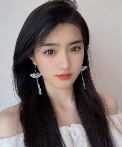 Chinese-Style Tassel Fan Earrings for Women, Bamboo Leaf Design, High-End National Trend Ear Clips, Unique Calligraphy Art Jewelry