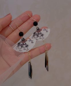Chinese-Style Tassel Fan Earrings for Women, Bamboo Leaf Design, High-End National Trend Ear Clips, Unique Calligraphy Art Jewelry