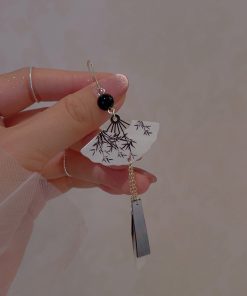 Chinese-Style Tassel Fan Earrings for Women, Bamboo Leaf Design, High-End National Trend Ear Clips, Unique Calligraphy Art Jewelry
