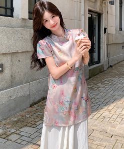 Chinese-Style Wide-Leg Pants Set for Women, Buttoned Top & Loose Fit, 2025 Summer Fashion, Boho Chic, Casual Elegance