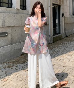 Chinese-Style Wide-Leg Pants Set for Women, Buttoned Top & Loose Fit, 2025 Summer Fashion, Boho Chic, Casual Elegance
