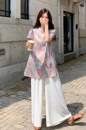 Chinese-Style Wide-Leg Pants Set for Women, Buttoned Top & Loose Fit, 2025 Summer Fashion, Boho Chic, Casual Elegance