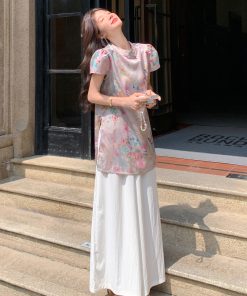 Chinese-Style Wide-Leg Pants Set for Women, Buttoned Top & Loose Fit, 2025 Summer Fashion, Boho Chic, Casual Elegance