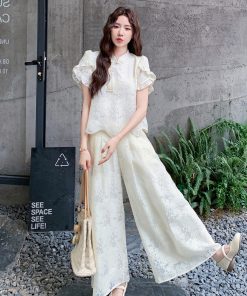 Chinese Style Women's Two-Piece Set - Summer 2025 Short Sleeve Top & Wide-Leg Pants - Trendy National Wind Fashion