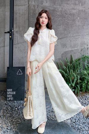 Chinese Style Women's Two-Piece Set - Summer 2025 Short Sleeve Top & Wide-Leg Pants - Trendy National Wind Fashion