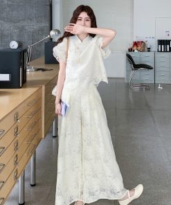 Chinese Style Women's Two-Piece Set - Summer 2025 Short Sleeve Top & Wide-Leg Pants - Trendy National Wind Fashion