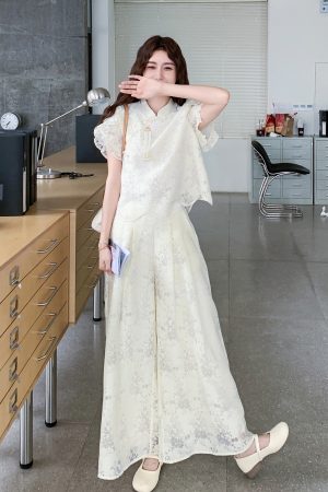 Chinese Style Women's Two-Piece Set - Summer 2025 Short Sleeve Top & Wide-Leg Pants - Trendy National Wind Fashion